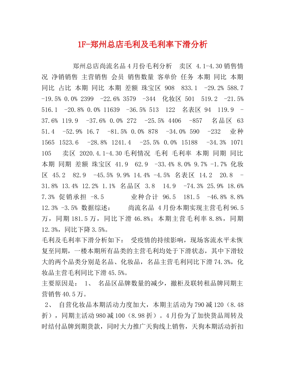 1F-郑州总店毛利及毛利率下滑分析 _第1页