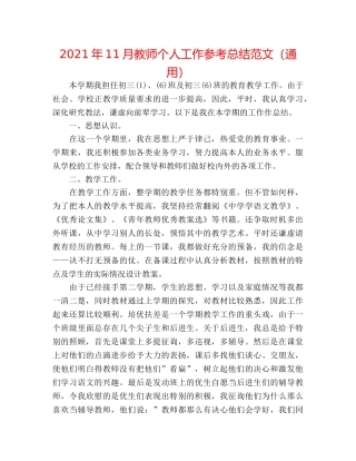 2024年11月教师个人工作参考总结范文（通用） 