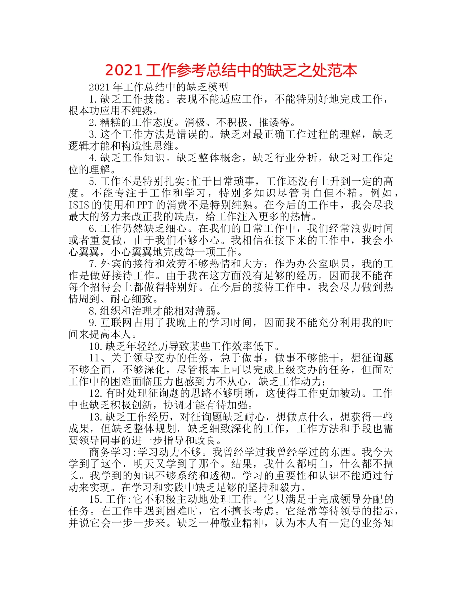 2024工作参考总结中的不足之处范本 _第1页
