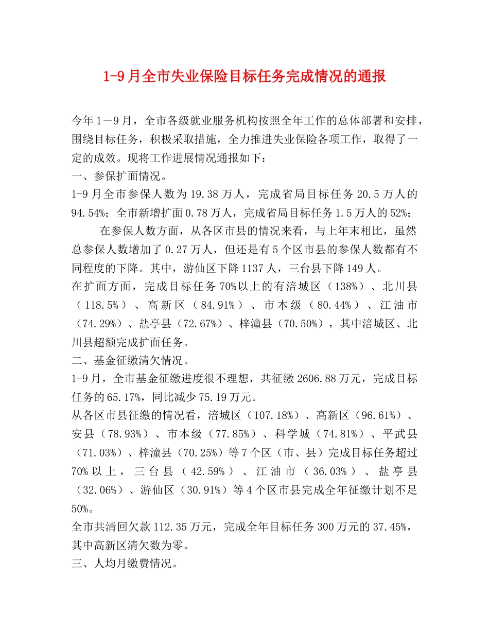 1-9月全市失业保险目标任务完成情况的通报 _第1页