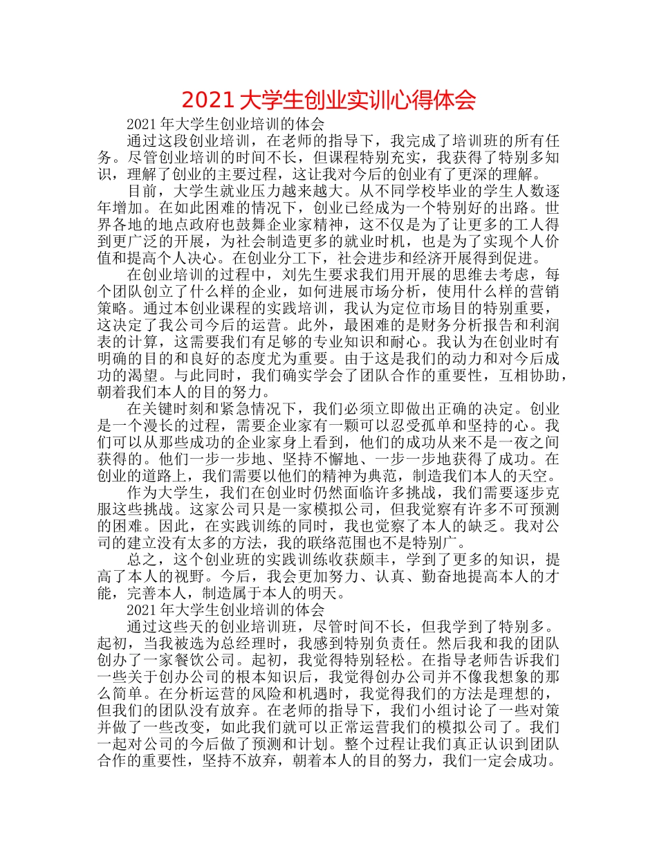 2024大学生创业实训心得体会 _第1页