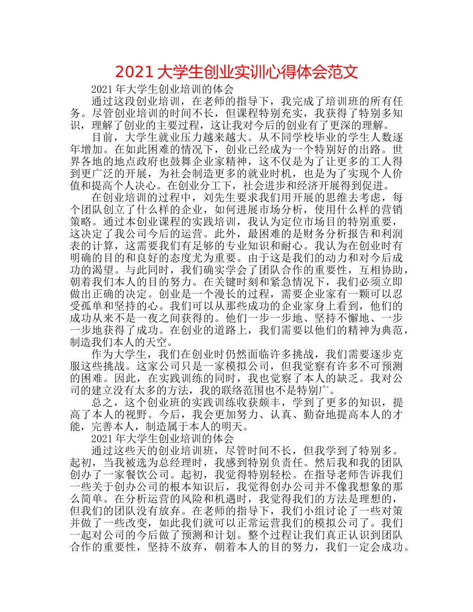 2024大学生创业实训心得体会范文 _第1页