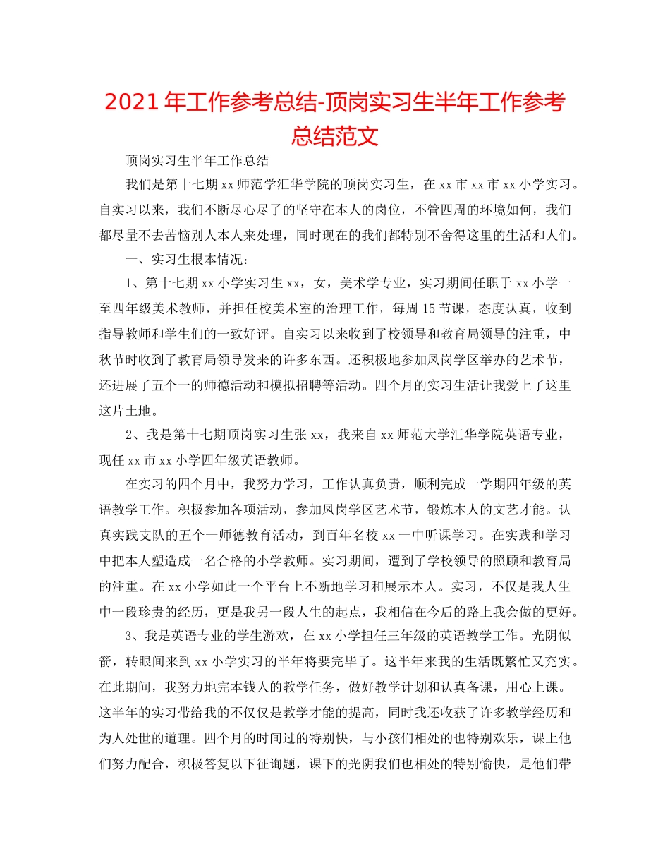 2024年工作参考总结-顶岗实习生半年工作参考总结范文 _第1页