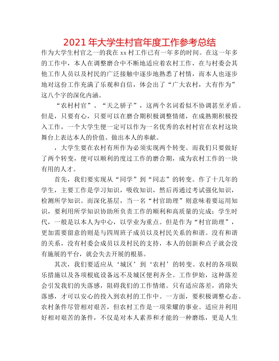 2024年大学生村官年度工作参考总结 _第1页