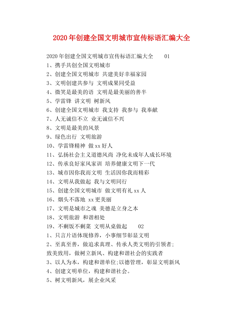2024年创建全国文明城市宣传标语汇编大全 _第1页