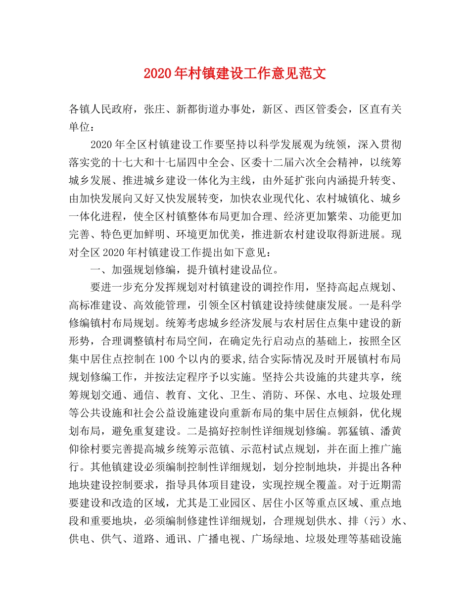 2024年村镇建设工作意见范文 _第1页