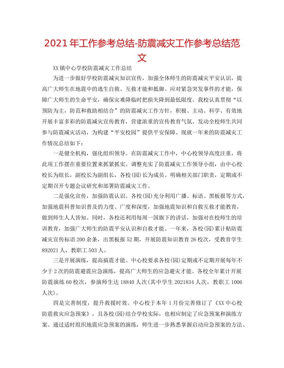 2024年工作参考总结-防震减灾工作参考总结范文 _第1页