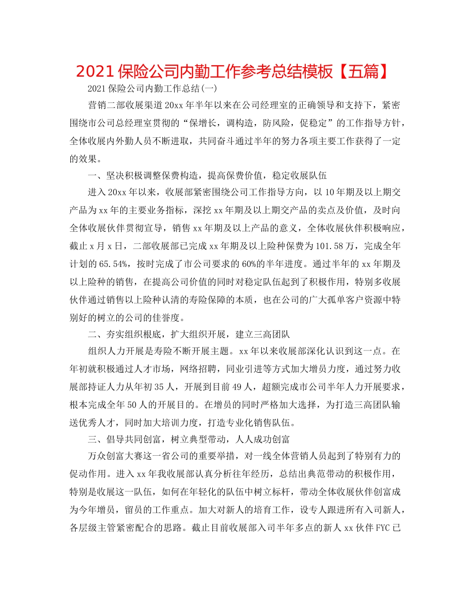 2024保险公司内勤工作参考总结模板【五篇】 _第1页