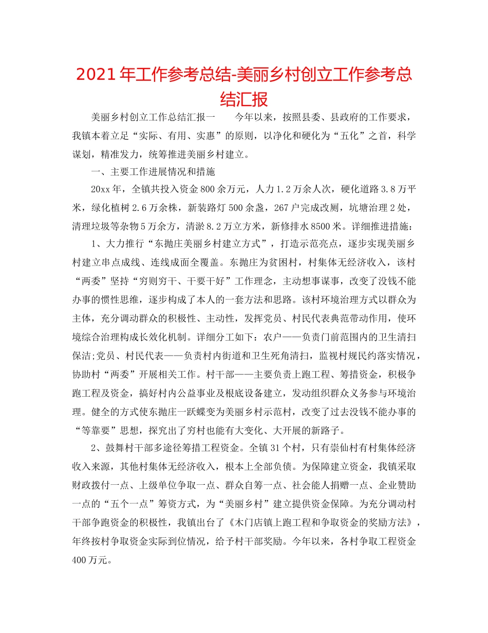 2024年工作参考总结-美丽乡村创建工作参考总结汇报 _第1页