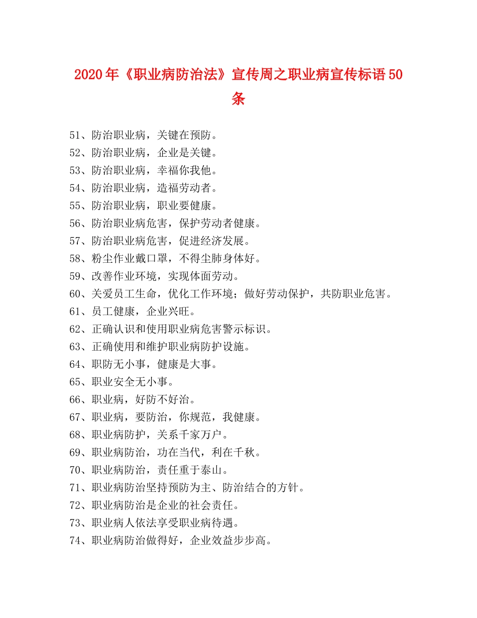 2024年《职业病防治法》宣传周之职业病宣传标语50条 _第1页