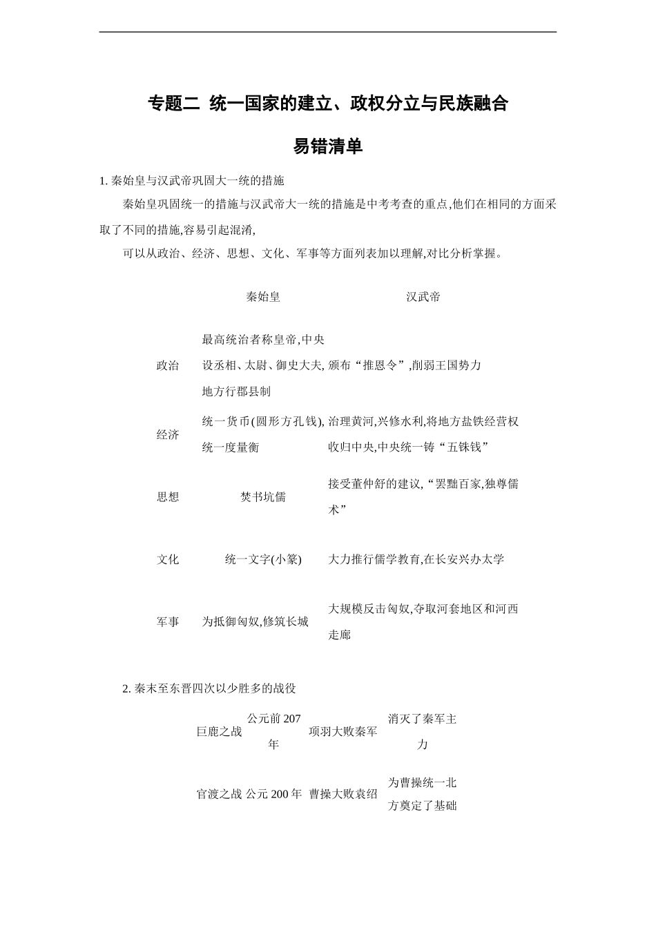 【2015中考历史常考易错点】专题二统一国家的建立、政权分立与民族融合_第1页