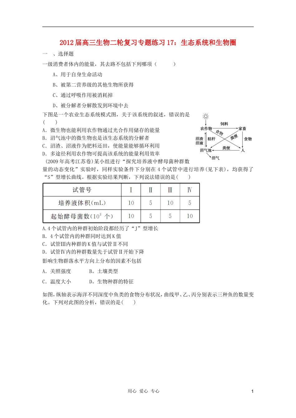 2012届高三生物二轮复习-生态系统和生物圈专题练习17-新人教版_第1页