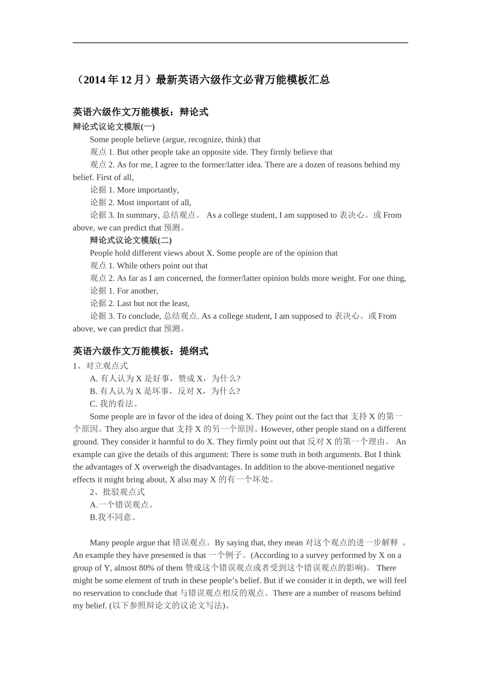 2015年最新英语六级作文必背万能模板汇总_第1页