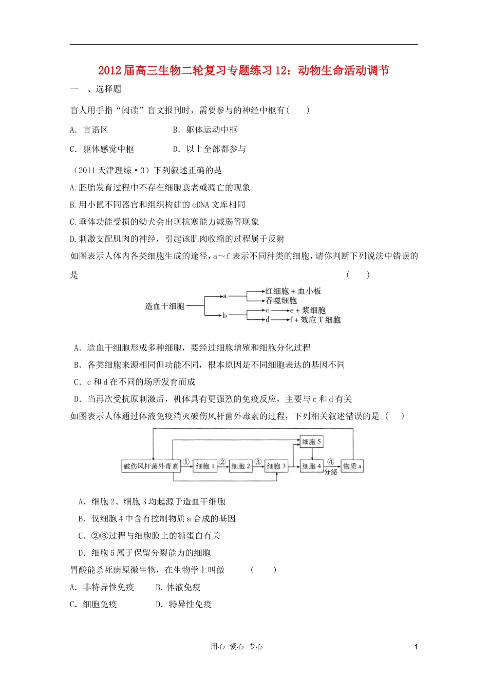 2012届高三生物二轮复习-动物生命活动调节专题练习12-新人教版_第1页