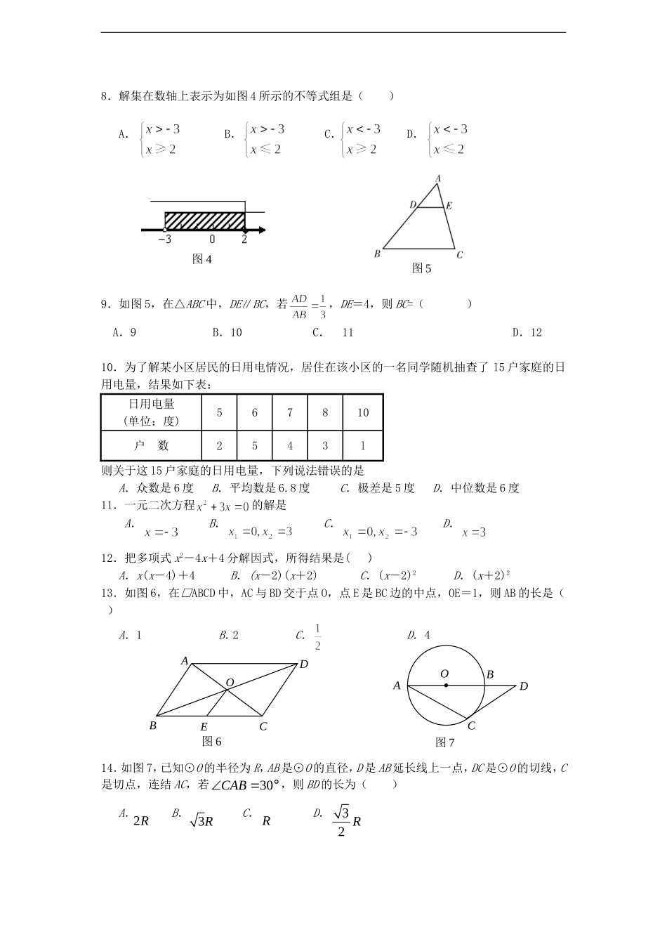 海南省2012年初中数学毕业生模拟考试试题-人教新课标版_第2页