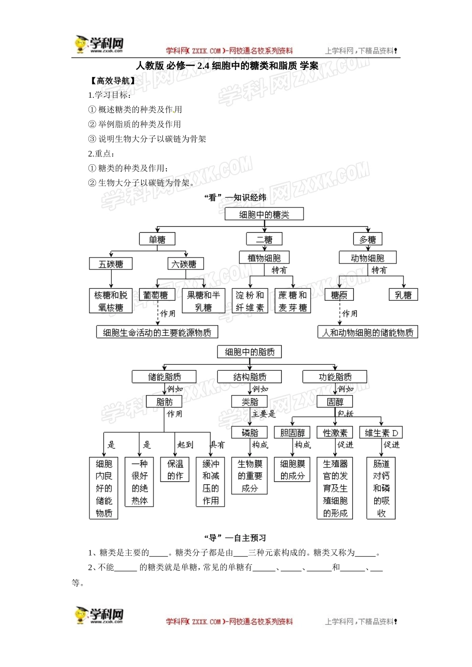 人教版必修一2.4细胞中的糖类和脂质导学案_第1页