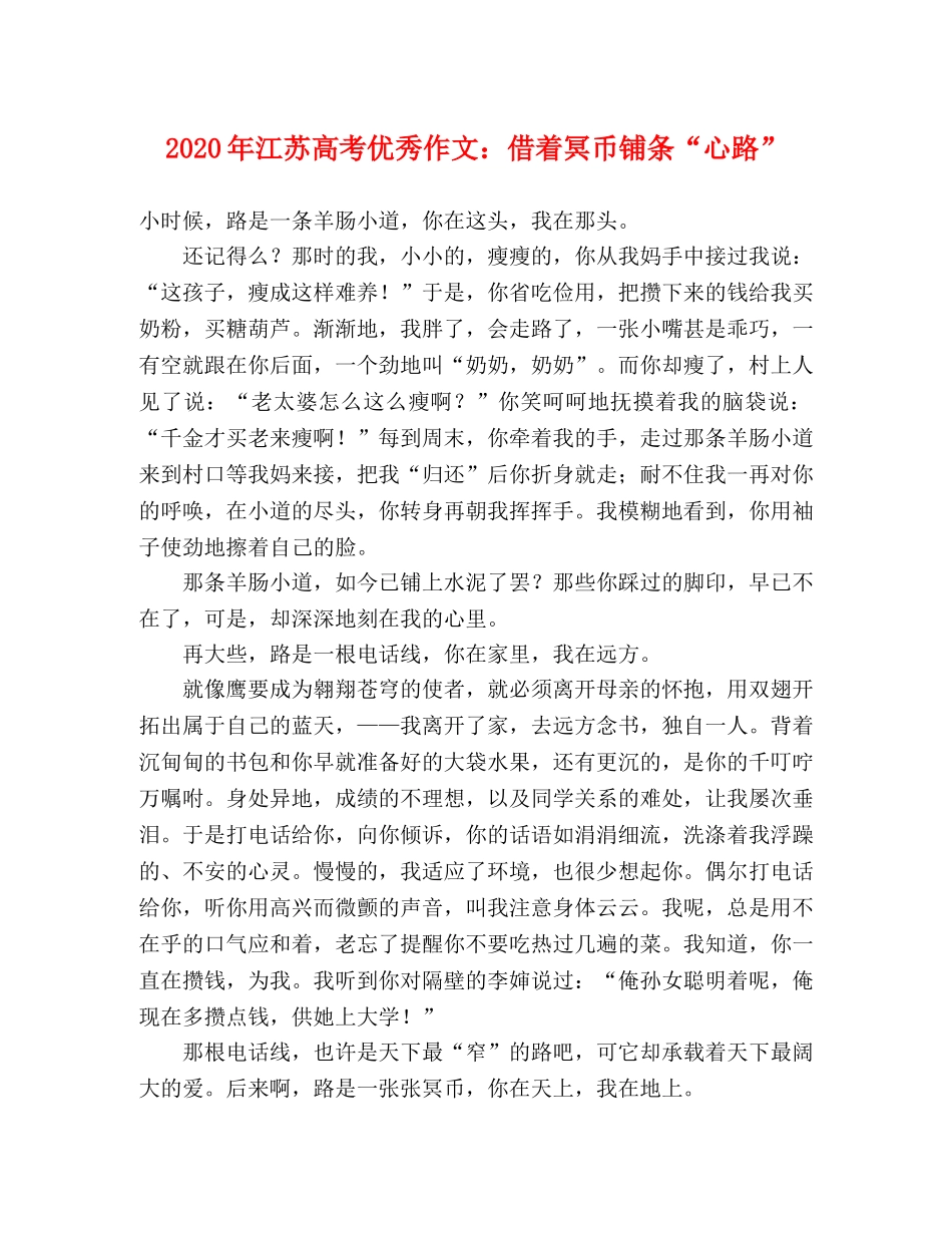 2024年江苏高考优秀作文借着冥币铺条“心路” _第1页
