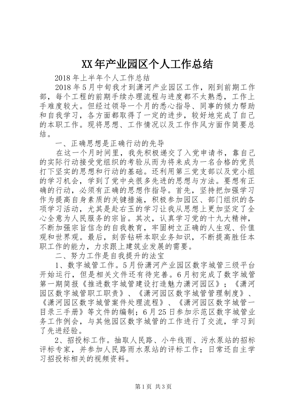 XX年产业园区个人工作总结_第1页