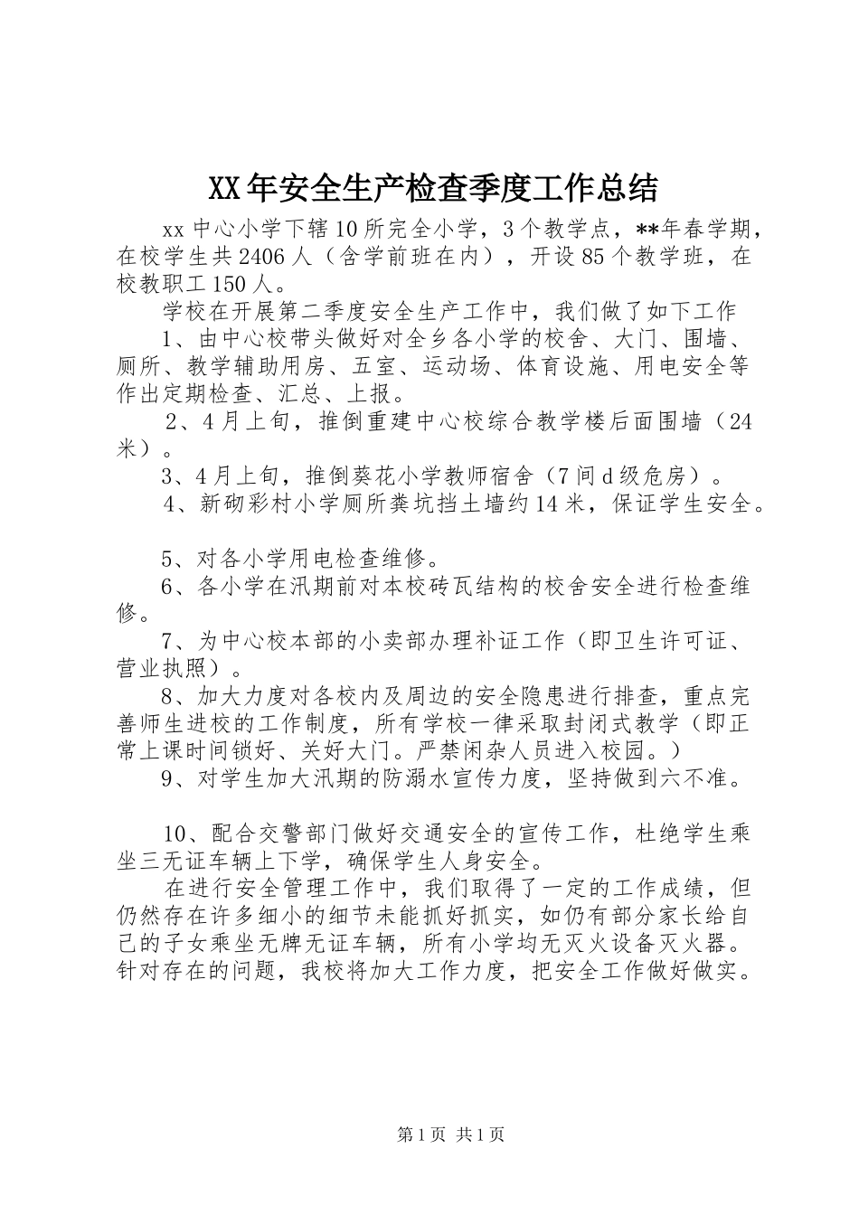 XX年安全生产检查季度工作总结_第1页