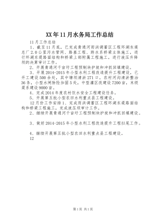 XX年11月水务局工作总结