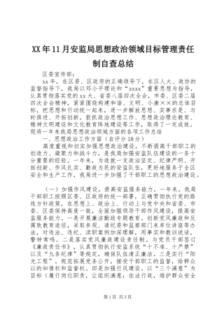 XX年11月安监局思想政治领域目标管理责任制自查总结