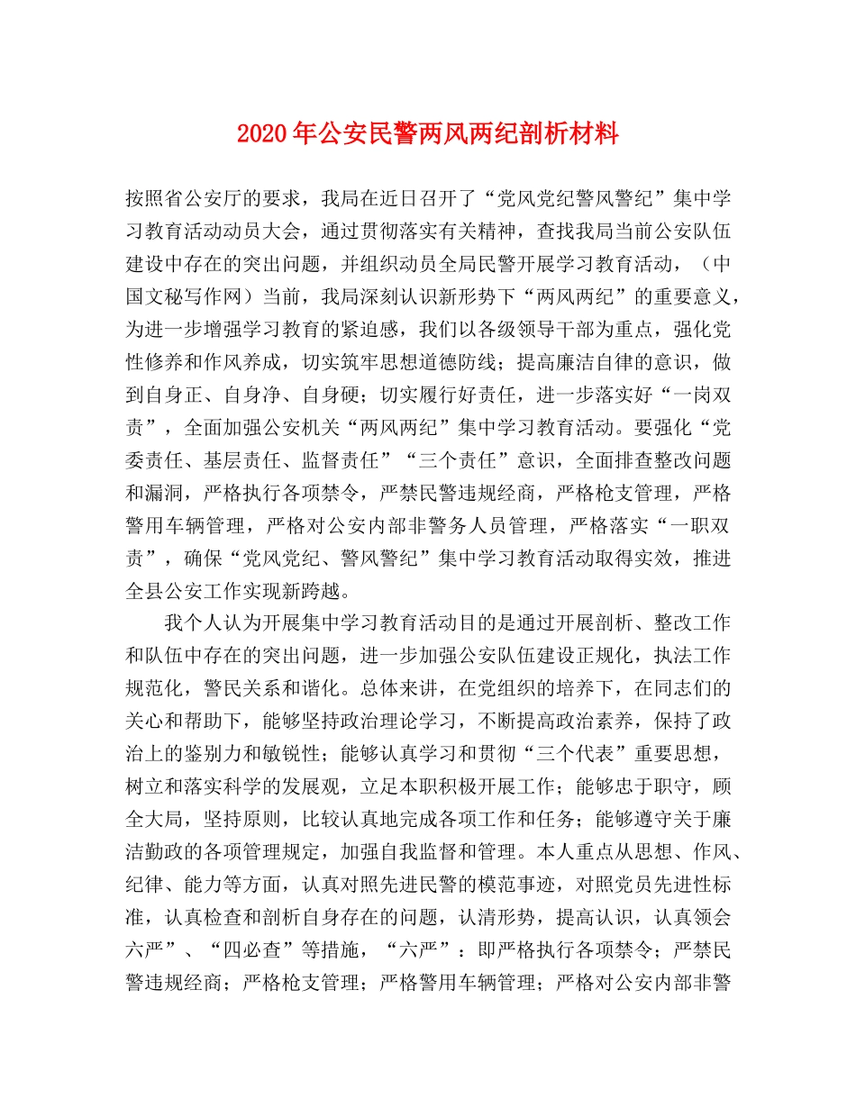 2024年公安民警两风两纪剖析材料 _第1页