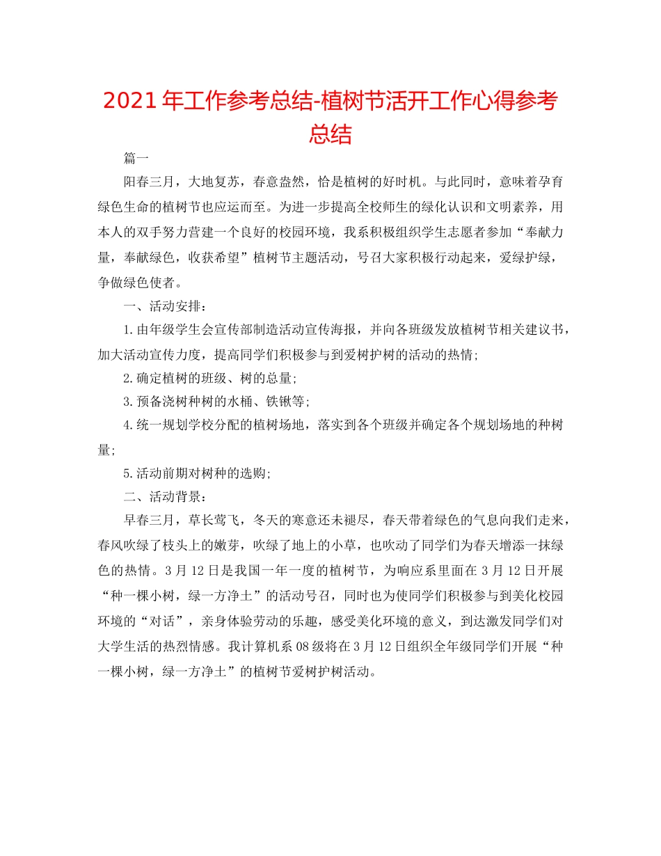 2024年工作参考总结-植树节活动工作心得参考总结 _第1页
