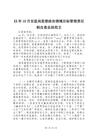 XX年10月安监局思想政治领域目标管理责任制自查总结范文