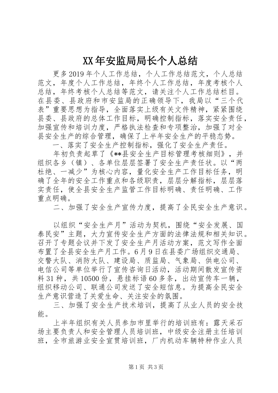 XX年安监局局长个人总结_第1页
