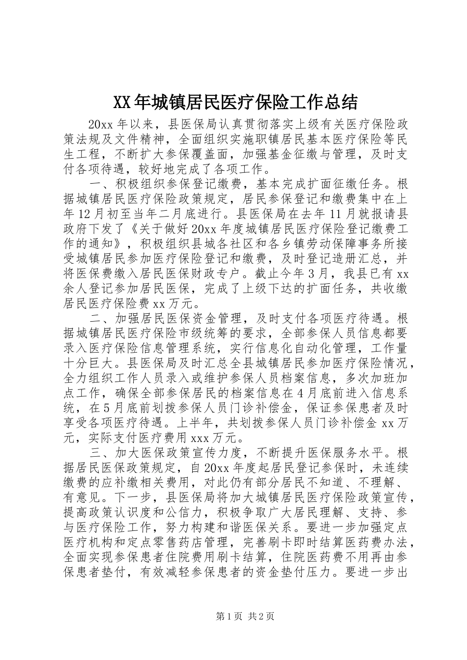 XX年城镇居民医疗保险工作总结_第1页