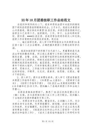 XX年10月团委挂职工作总结范文