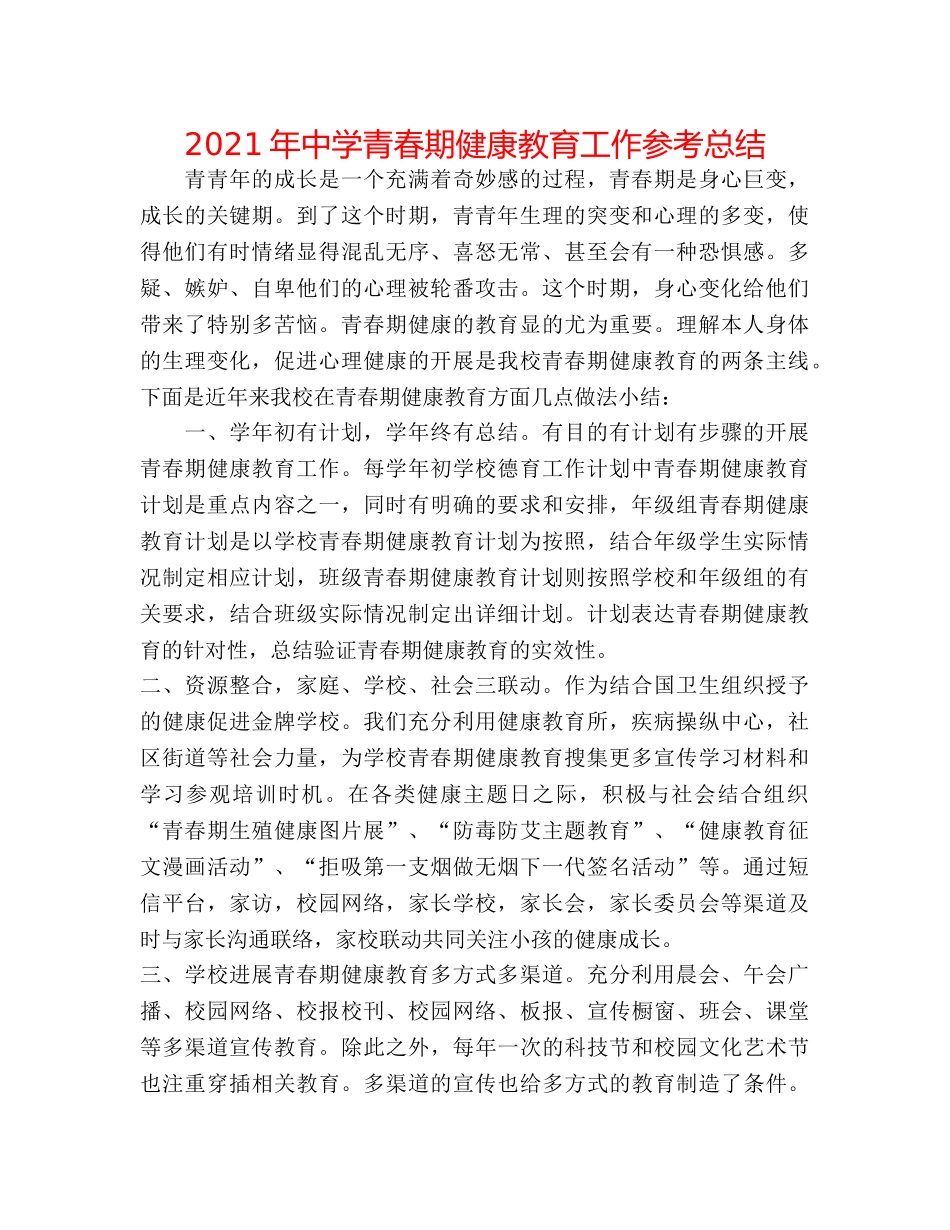 2024年青春期健康教育工作参考总结 _第1页