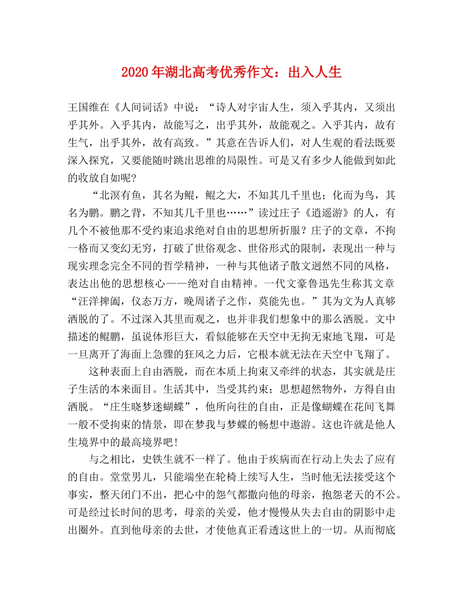2024年湖北高考优秀作文出入人生 _第1页