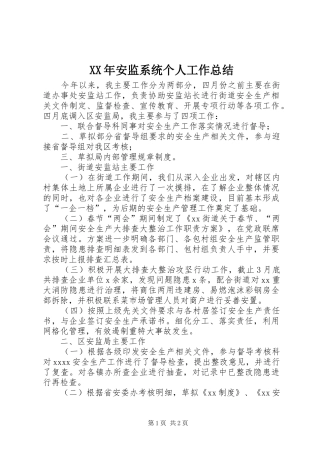 XX年安监系统个人工作总结