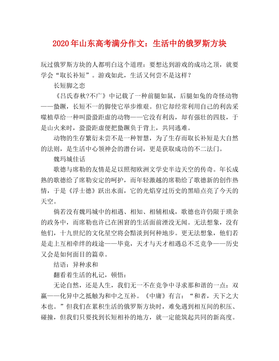 2024年山东高考满分作文生活中的俄罗斯方块 _第1页