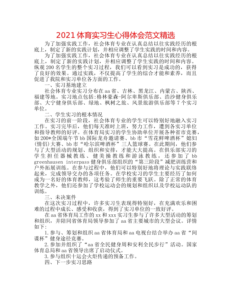 2024体育实习生心得体会范文精选 _第1页