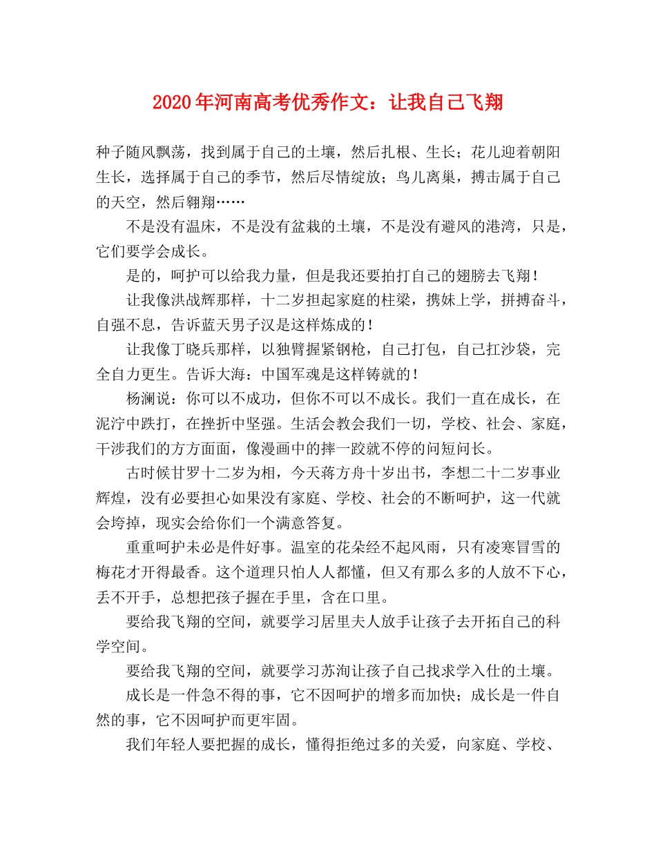 2024年河南高考优秀作文让我自己飞翔 _第1页