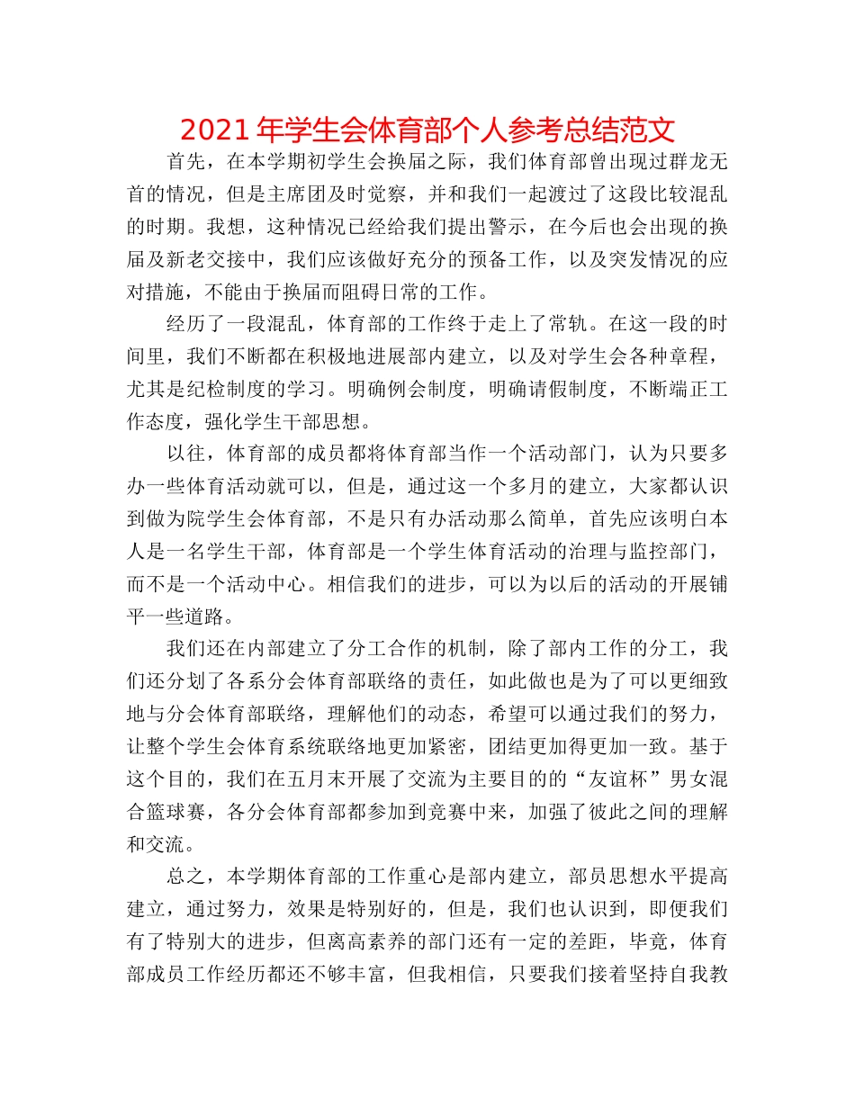 2024年学生会体育部个人参考总结范文 _第1页
