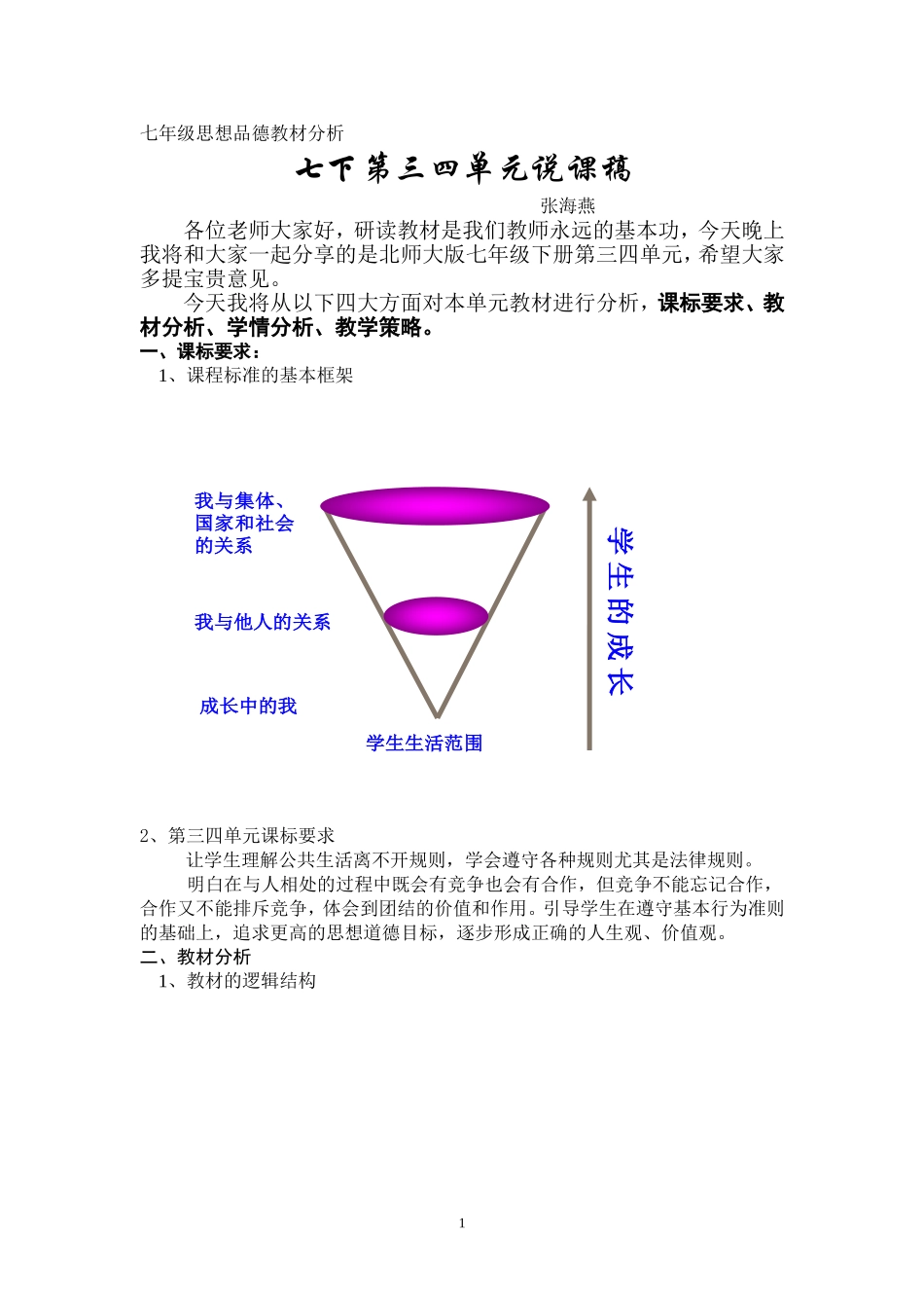 七年级思想品德下册第三四单元教材分析张海燕_第1页