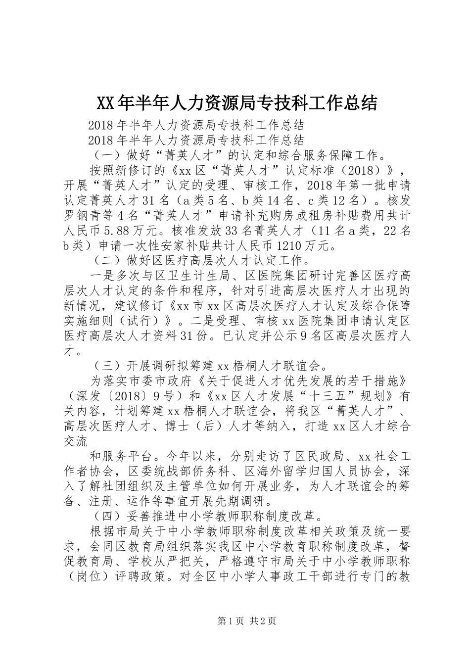 XX年半年人力资源局专技科工作总结_第1页