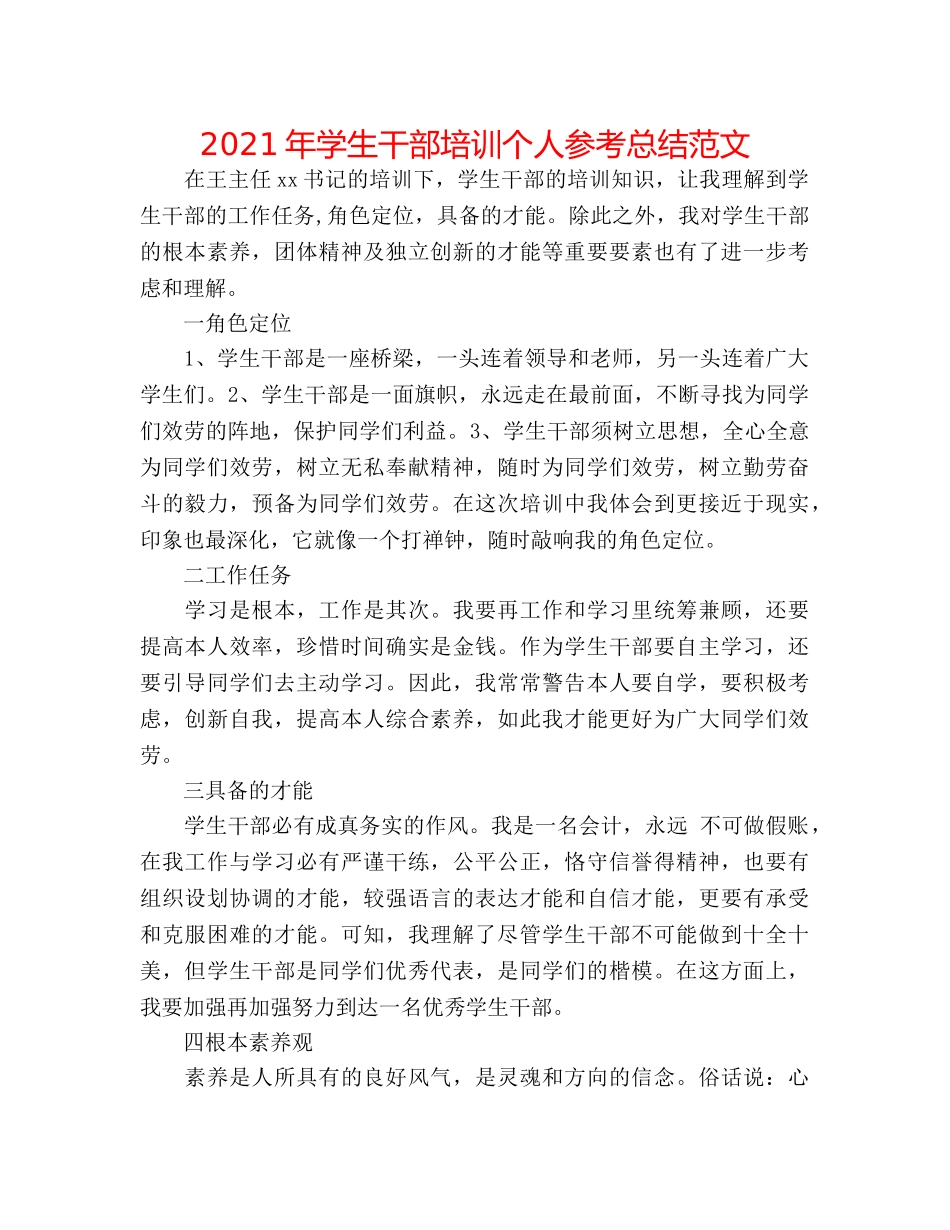 2024年学生干部培训个人参考总结范文 _第1页