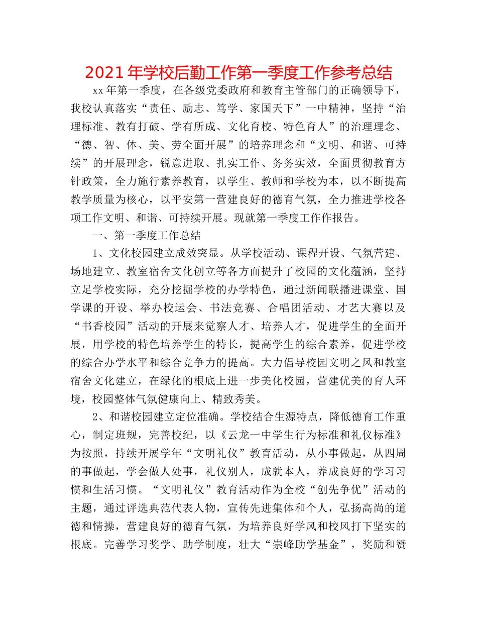2024年学校后勤工作第一季度工作参考总结 _第1页