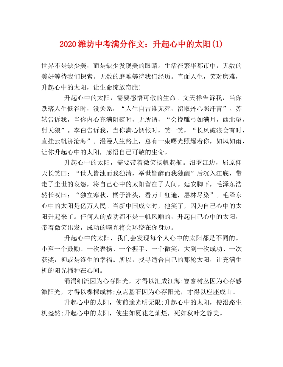 2024潍坊中考满分作文升起心中的太阳(1) _第1页