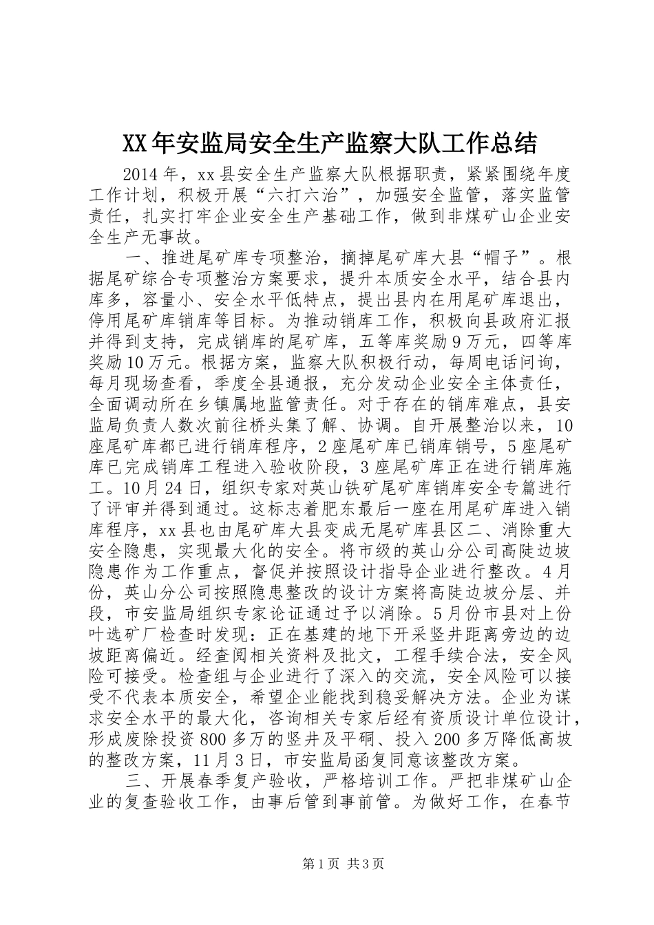 XX年安监局安全生产监察大队工作总结_第1页