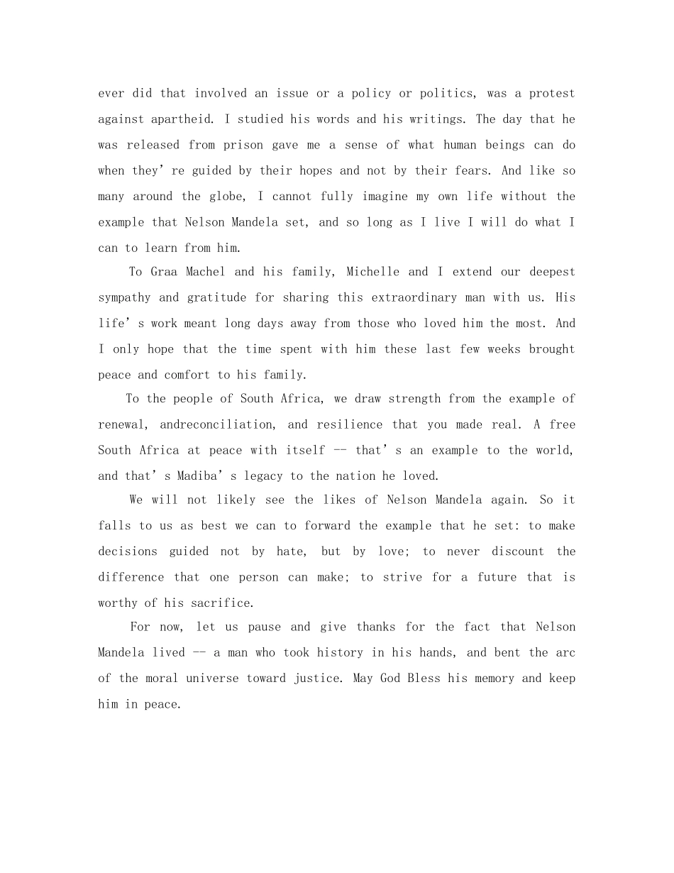 Obama悼念曼德拉逝世中英文演讲稿 _第2页