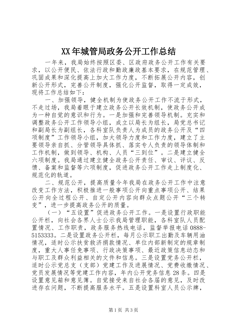 XX年城管局政务公开工作总结_第1页
