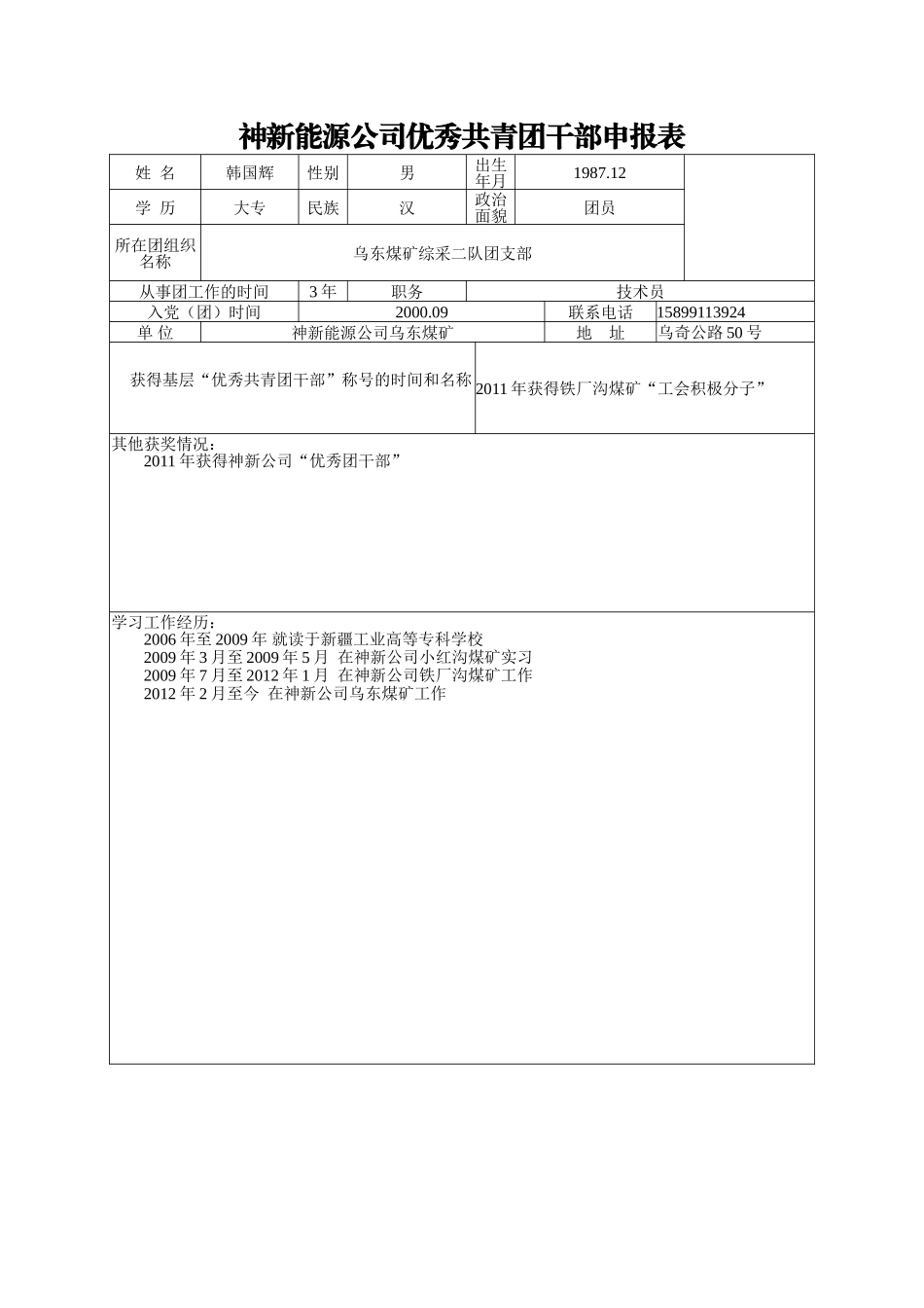优秀团干部--韩国辉_第1页