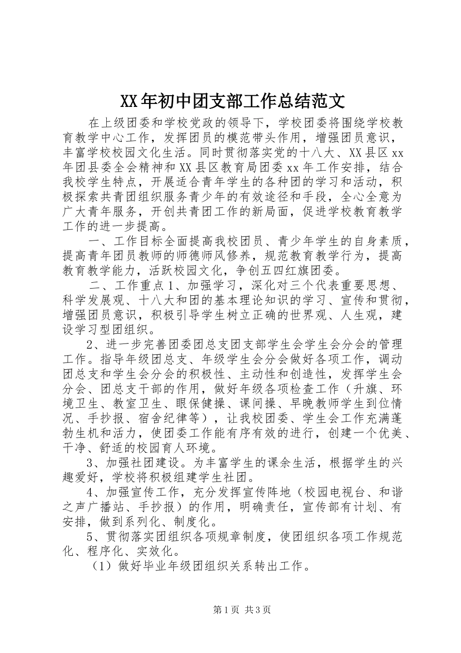 XX年初中团支部工作总结范文_第1页