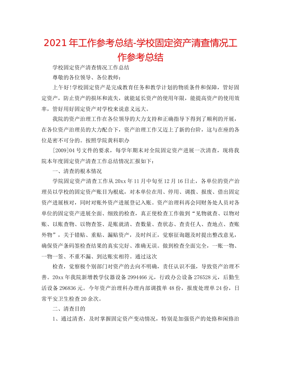2024年工作参考总结-学校固定资产清查情况工作参考总结 _第1页