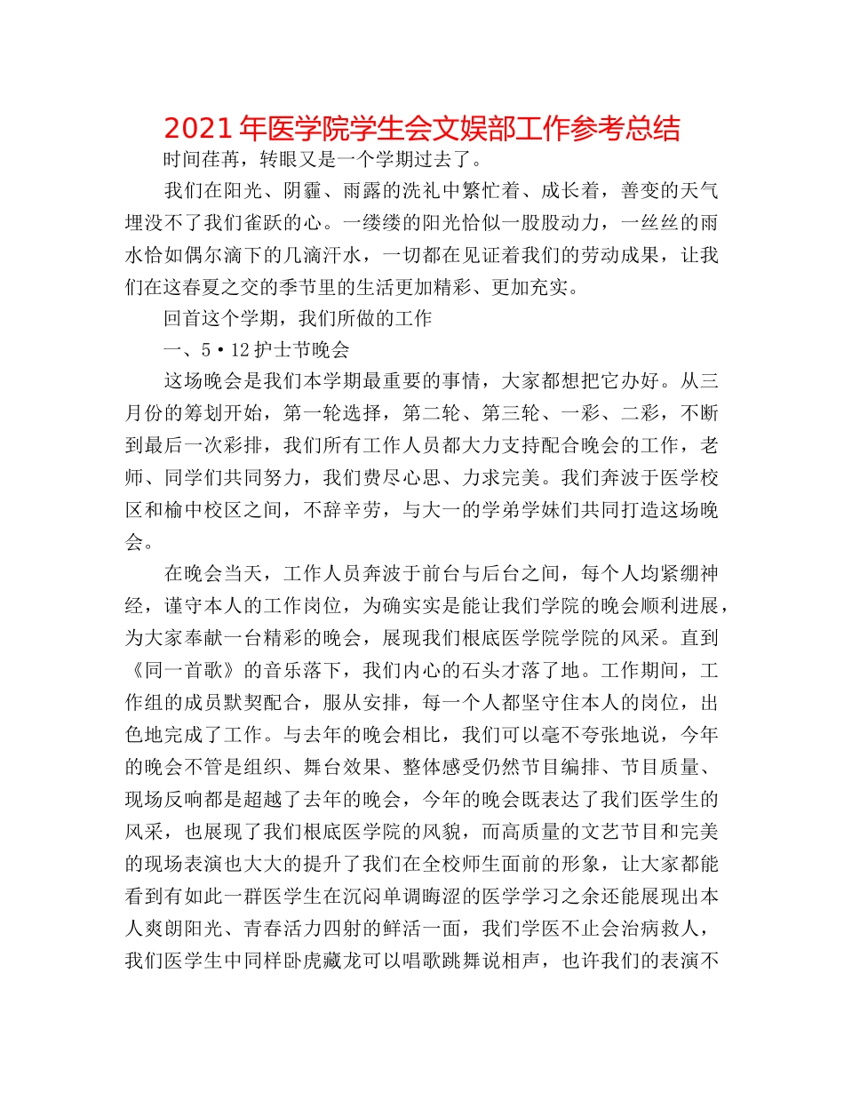 2024年医学院学生会文娱部工作参考总结 _第1页
